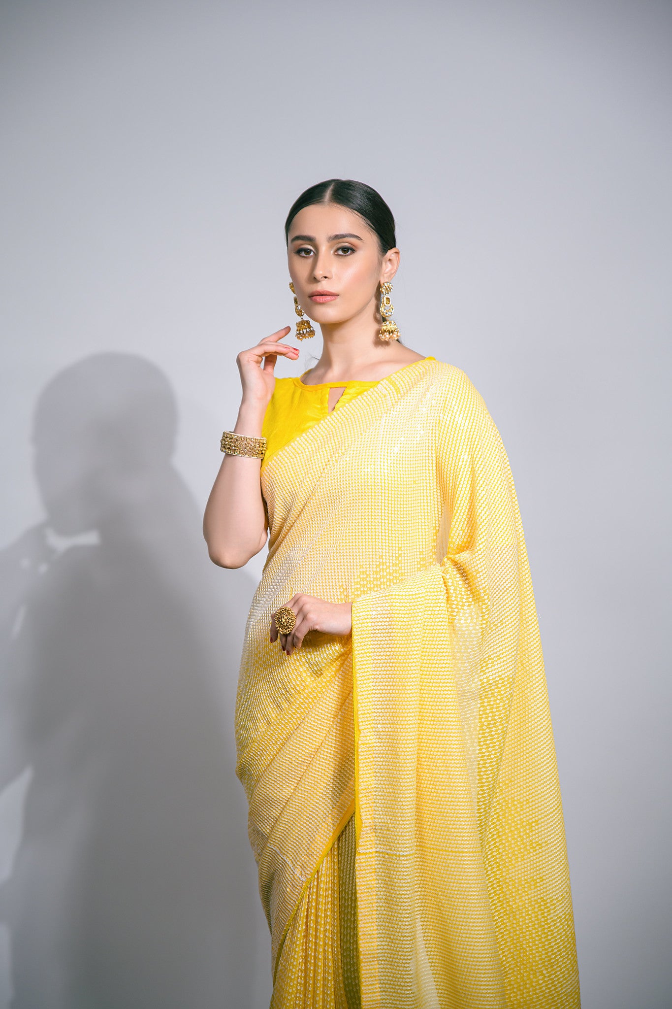 Yellow  Sequin Embroidered Georgette Saree