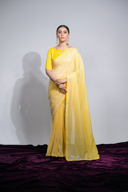 Yellow  Sequin Embroidered Georgette Saree