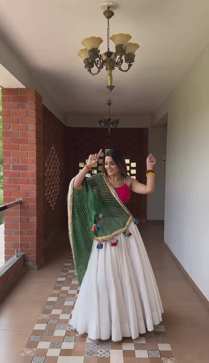 White and Green Kodi Lace Work Lehenga Choli Set