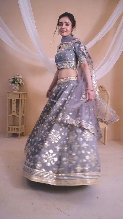 Grey Embroidered Art Silk Lehenga Choli Set