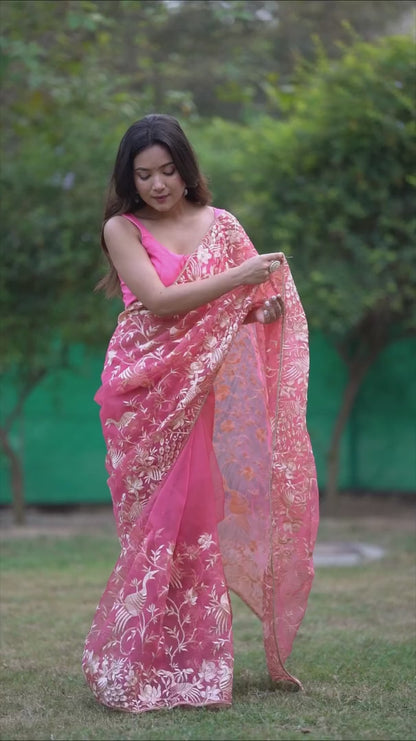 Pink and Gold Embroidered Organza Saree