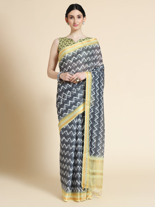 Black Chanderi Cotton Saree with Chevron Print