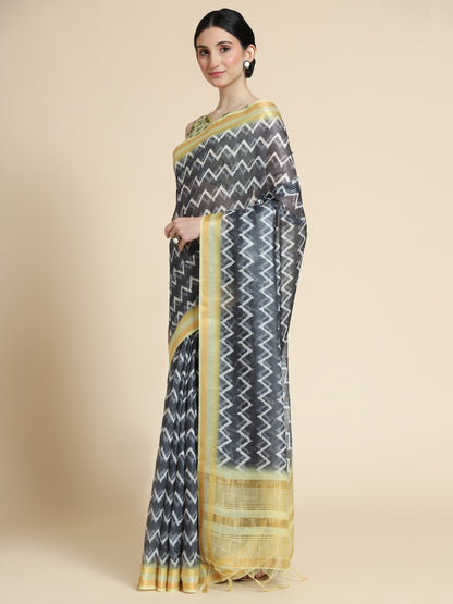 Black Chanderi Cotton Saree with Chevron Print