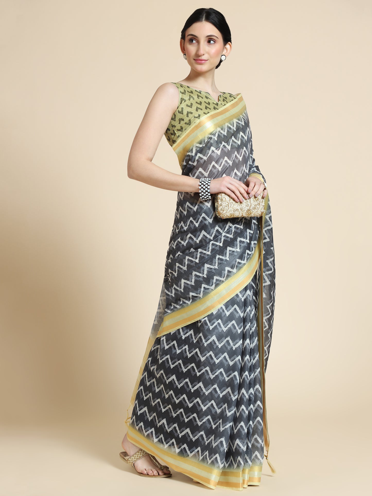 Black Chanderi Cotton Saree with Chevron Print