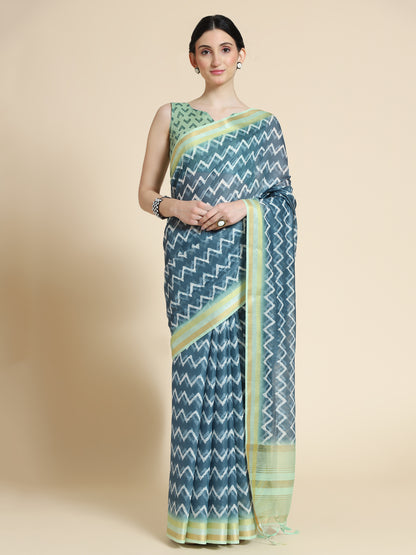 Blue Chanderi Cotton Saree with Chevron Print