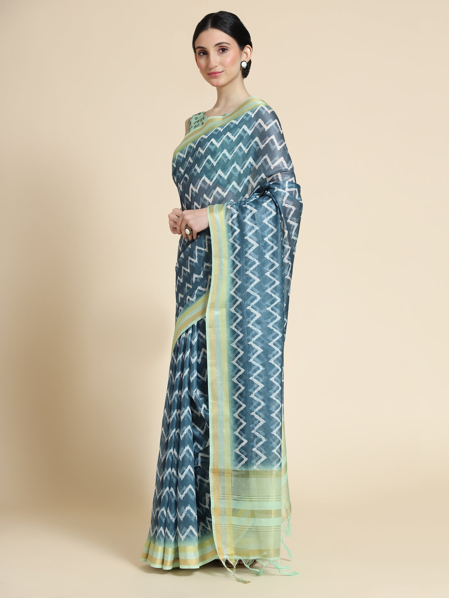 Blue Chanderi Cotton Saree with Chevron Print