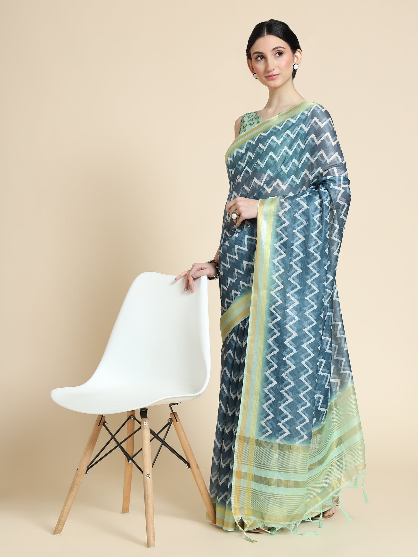 Blue Chanderi Cotton Saree with Chevron Print