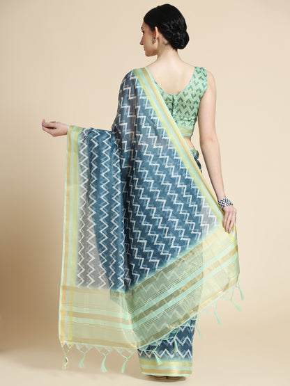 Blue Chanderi Cotton Saree with Chevron Print