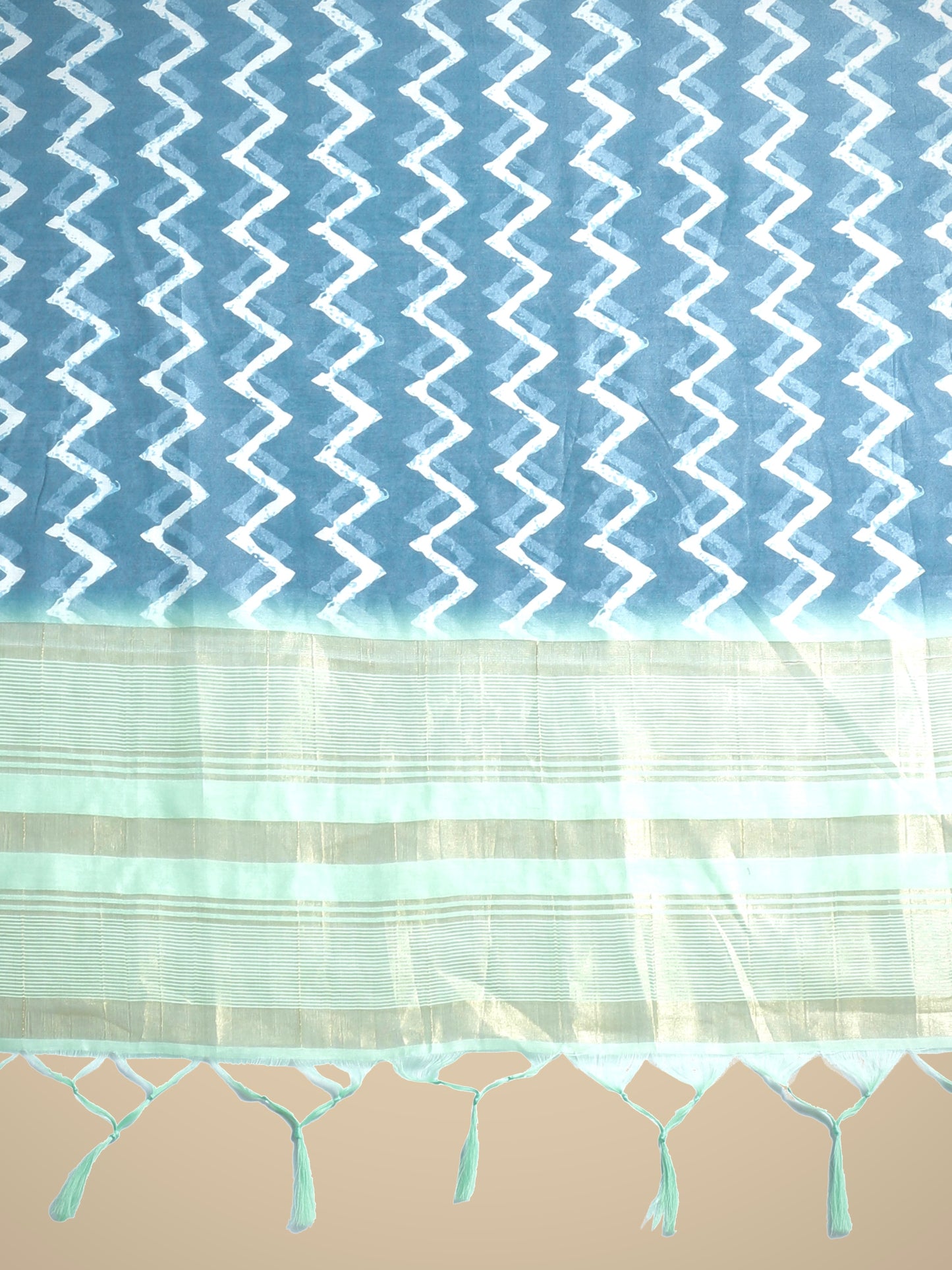 Blue Chanderi Cotton Saree with Chevron Print