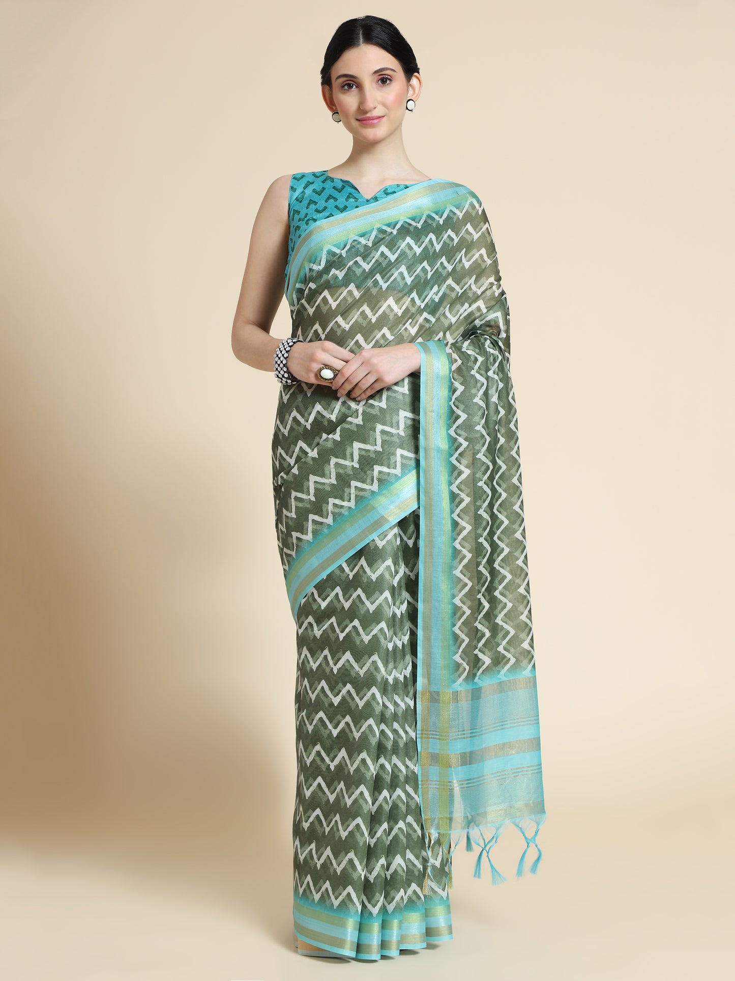 Bottle Green Chanderi Cotton Saree with Chevron Print