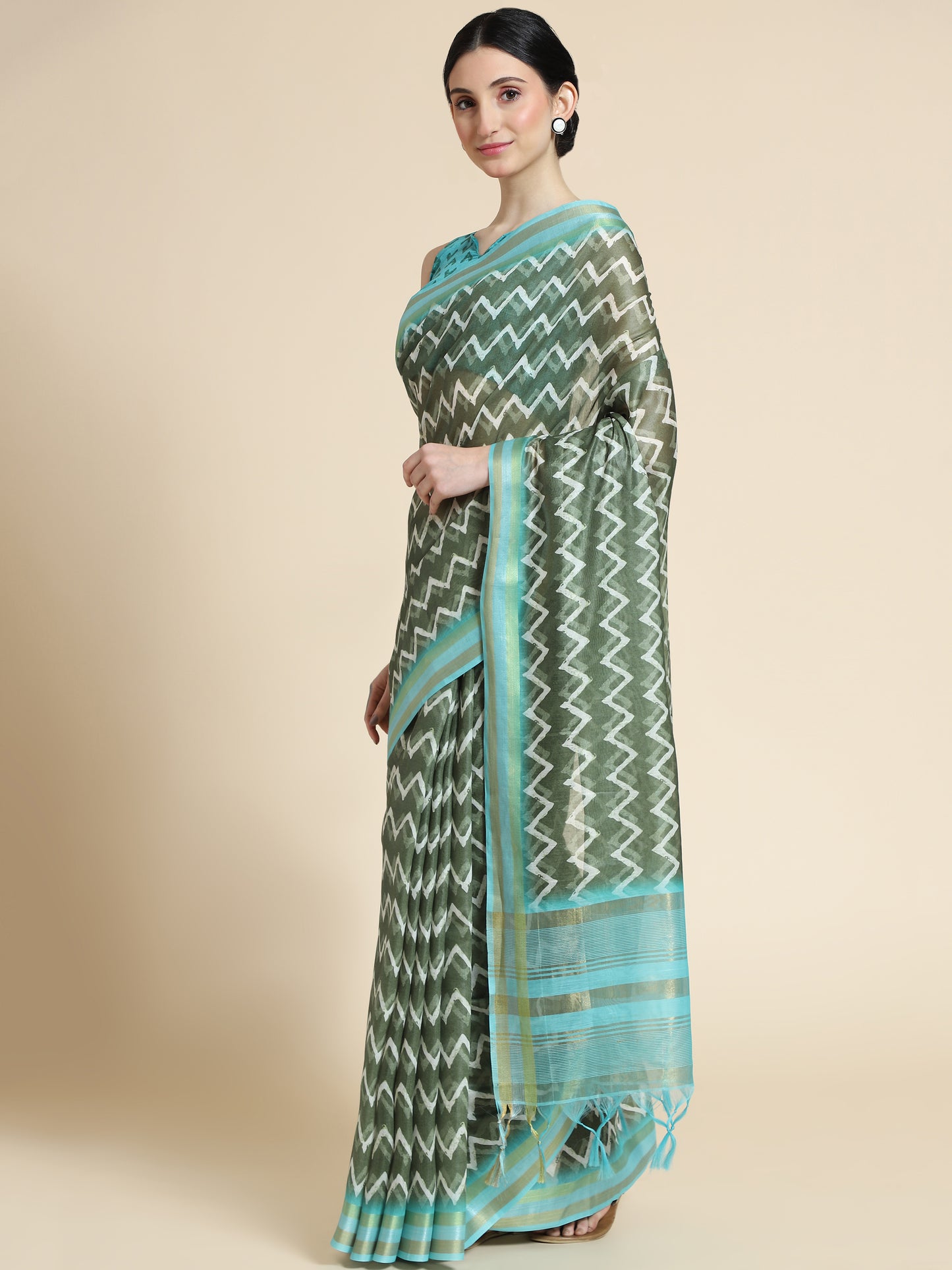 Bottle Green Chanderi Cotton Saree with Chevron Print