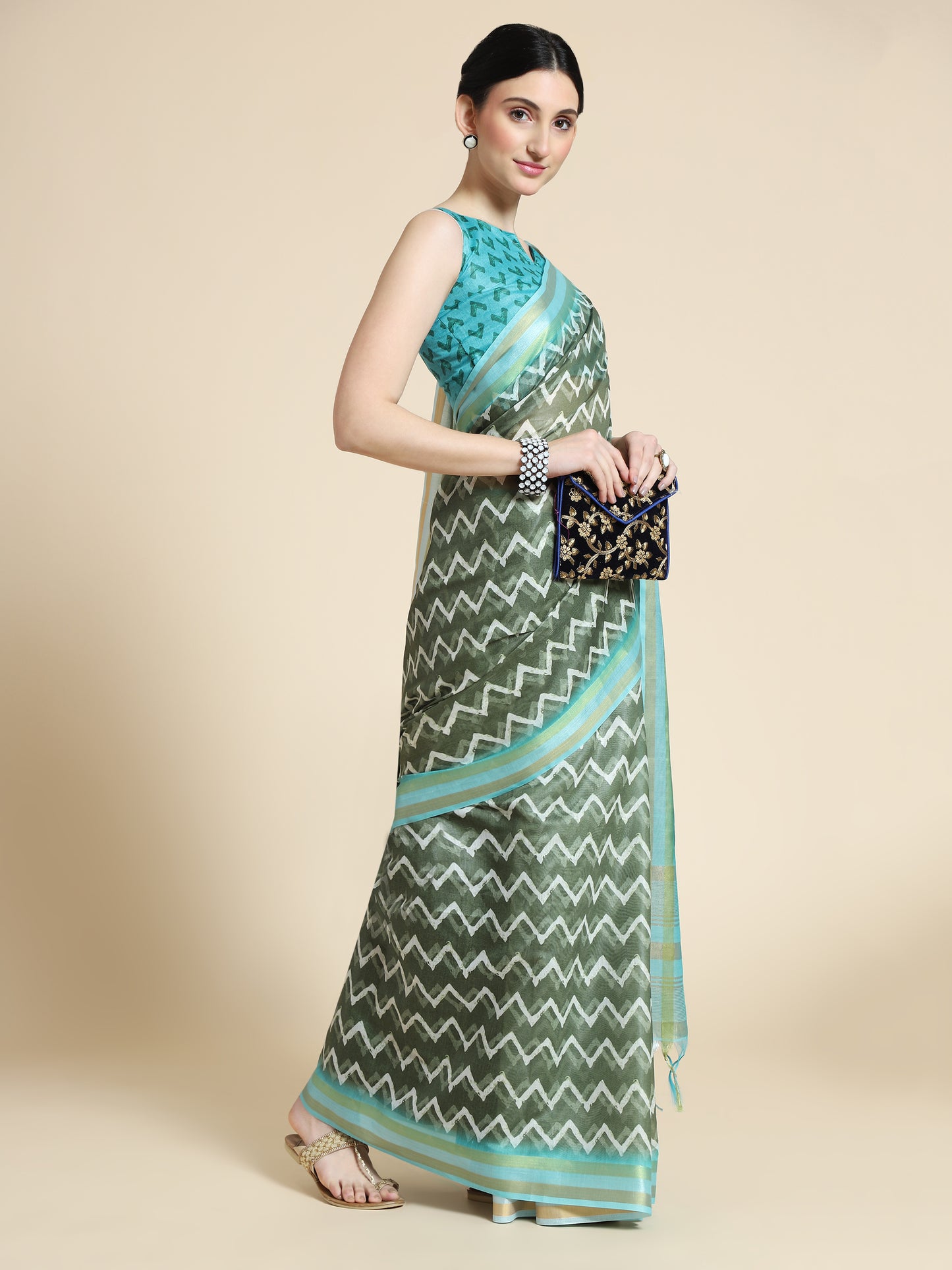 Bottle Green Chanderi Cotton Saree with Chevron Print