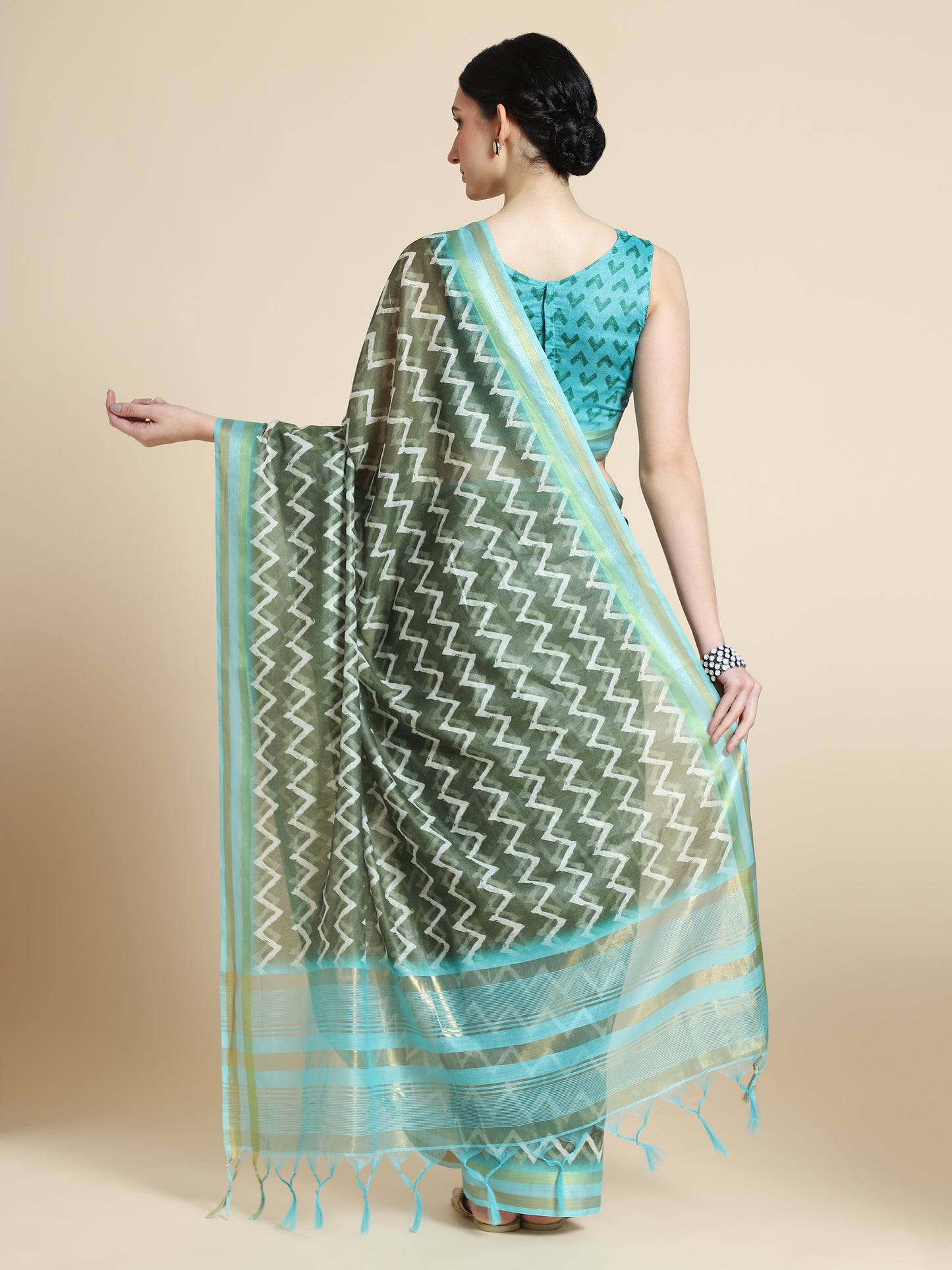 Bottle Green Chanderi Cotton Saree with Chevron Print