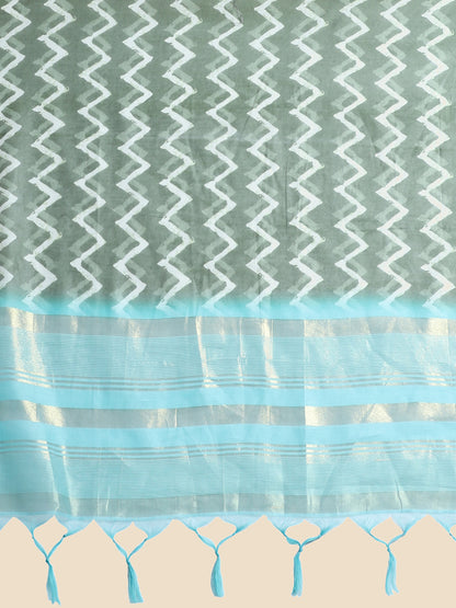 Bottle Green Chanderi Cotton Saree with Chevron Print