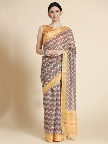 Coffee Brown Chanderi Cotton Saree with Chevron Print