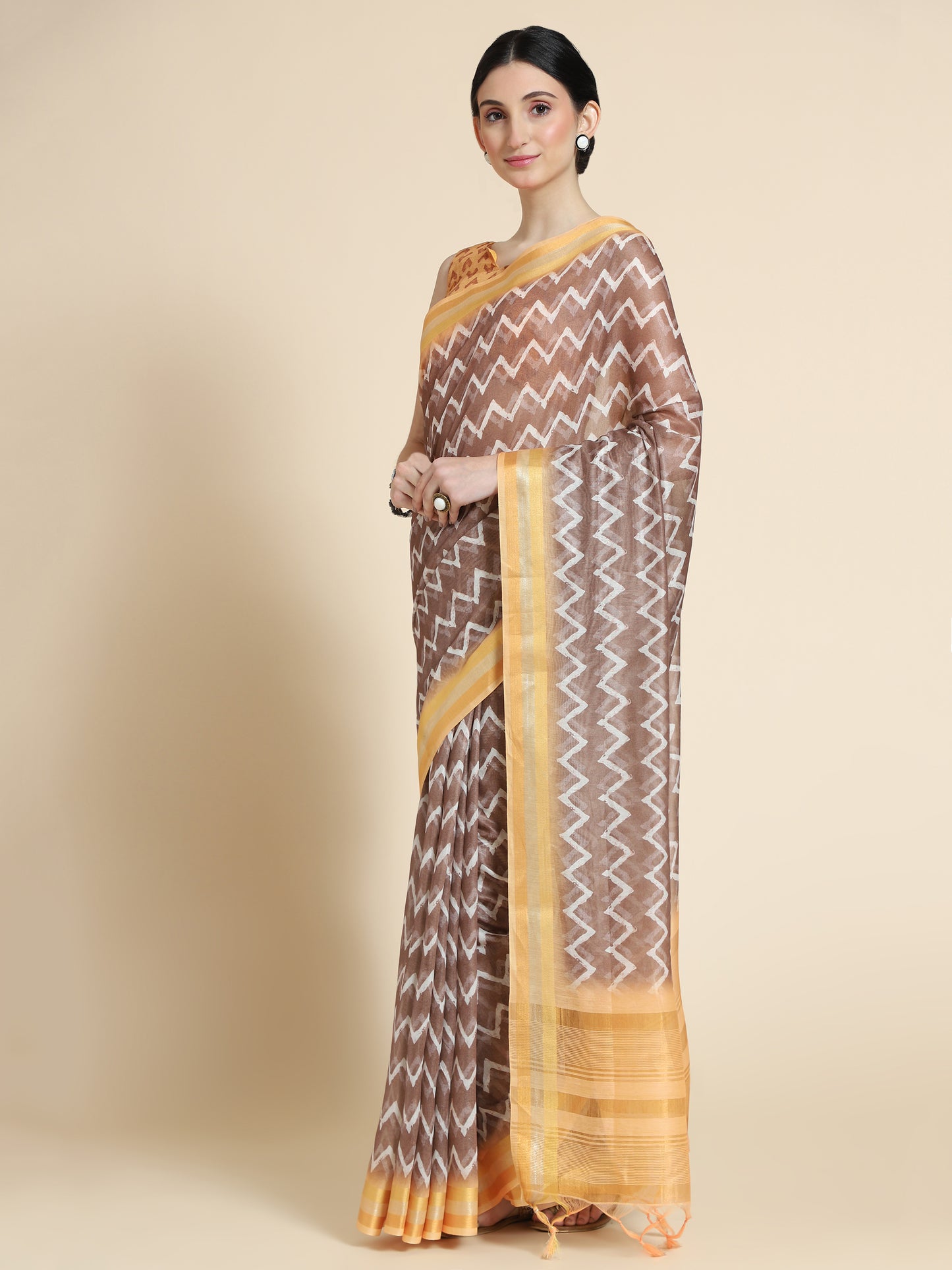 Coffee Brown Chanderi Cotton Saree with Chevron Print