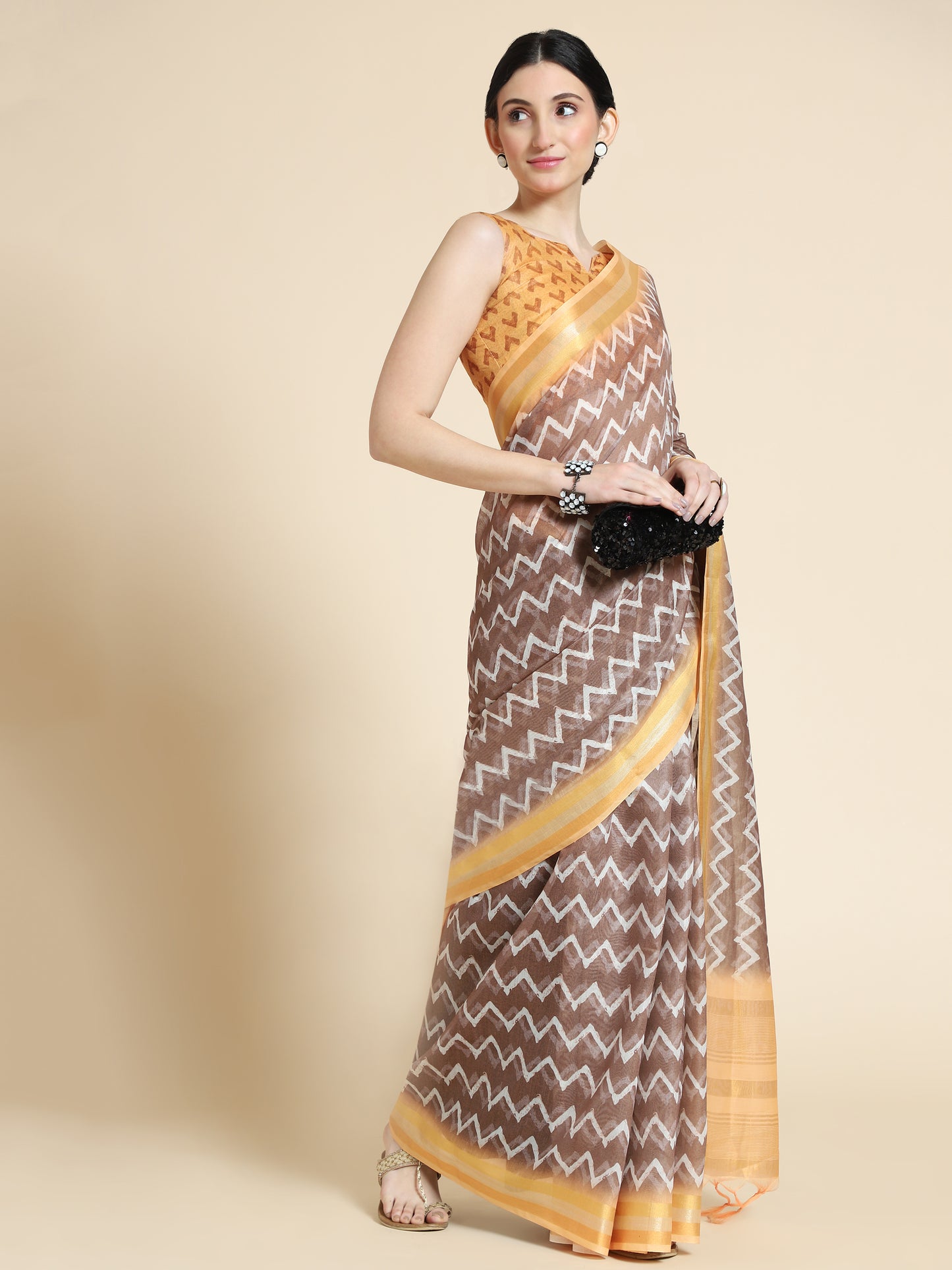 Coffee Brown Chanderi Cotton Saree with Chevron Print