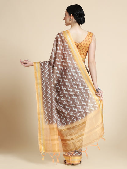 Coffee Brown Chanderi Cotton Saree with Chevron Print