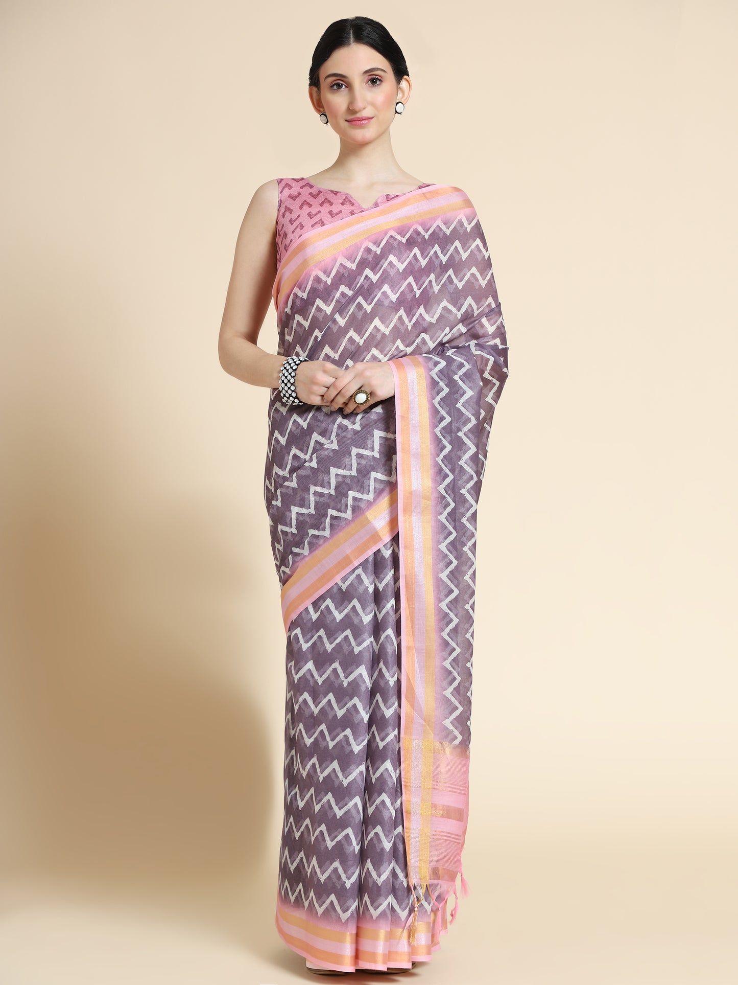 Wine Chanderi Cotton Saree with Chevron Print