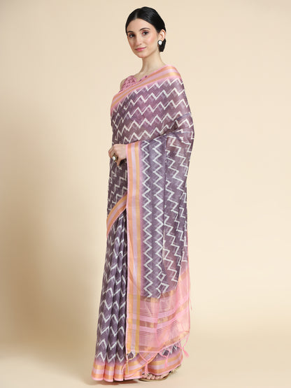 Wine Chanderi Cotton Saree with Chevron Print