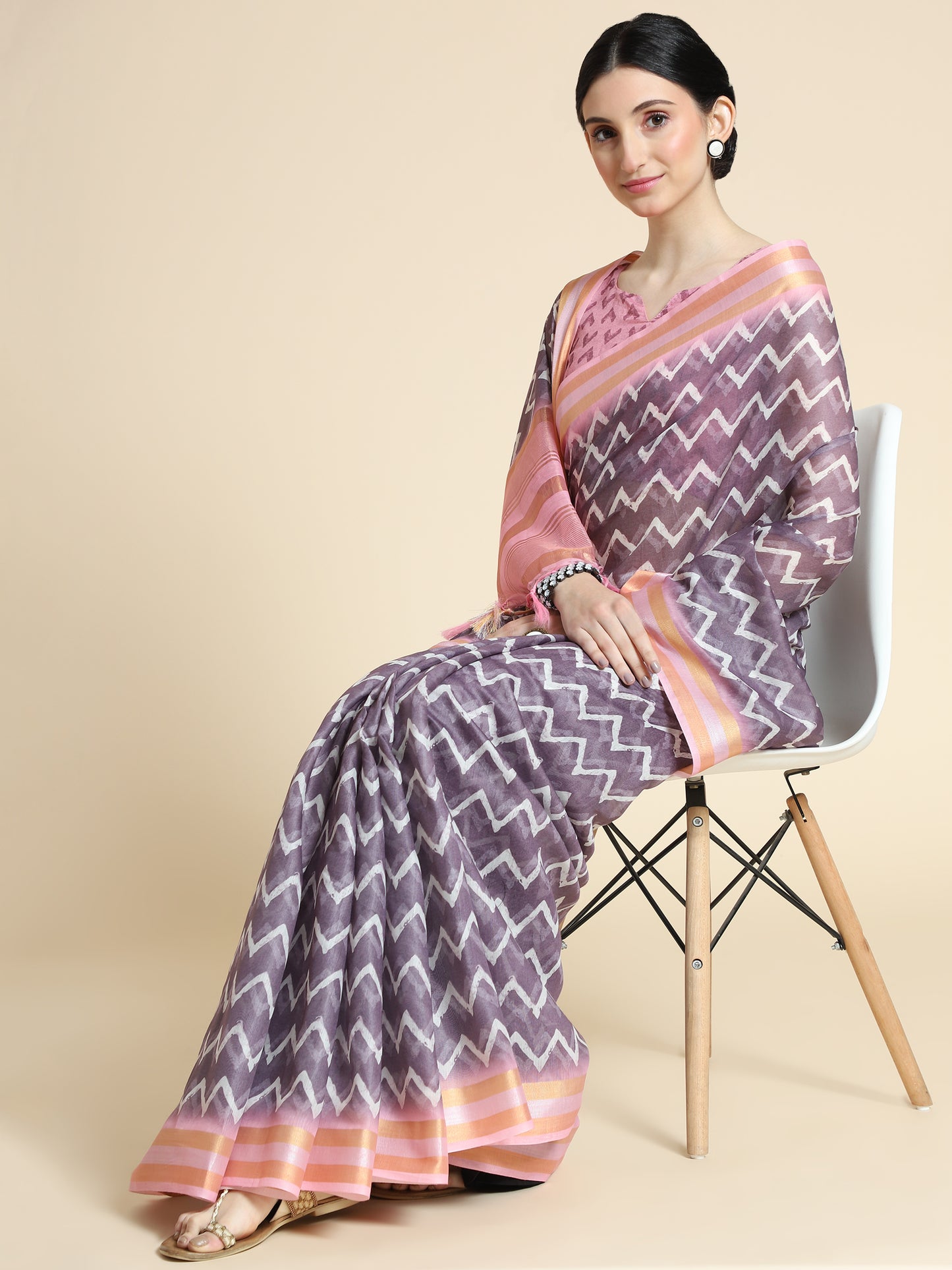 Wine Chanderi Cotton Saree with Chevron Print