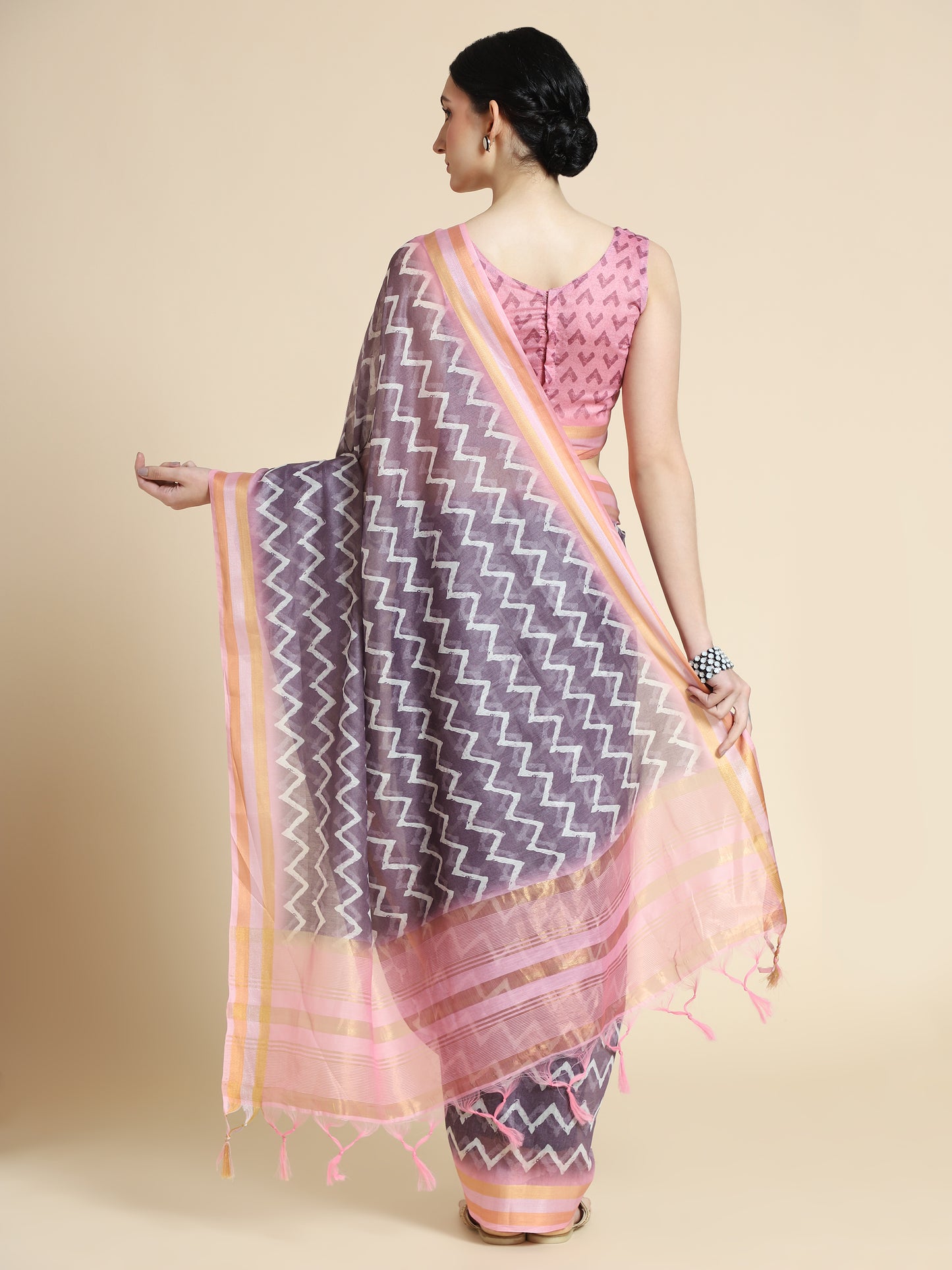 Wine Chanderi Cotton Saree with Chevron Print