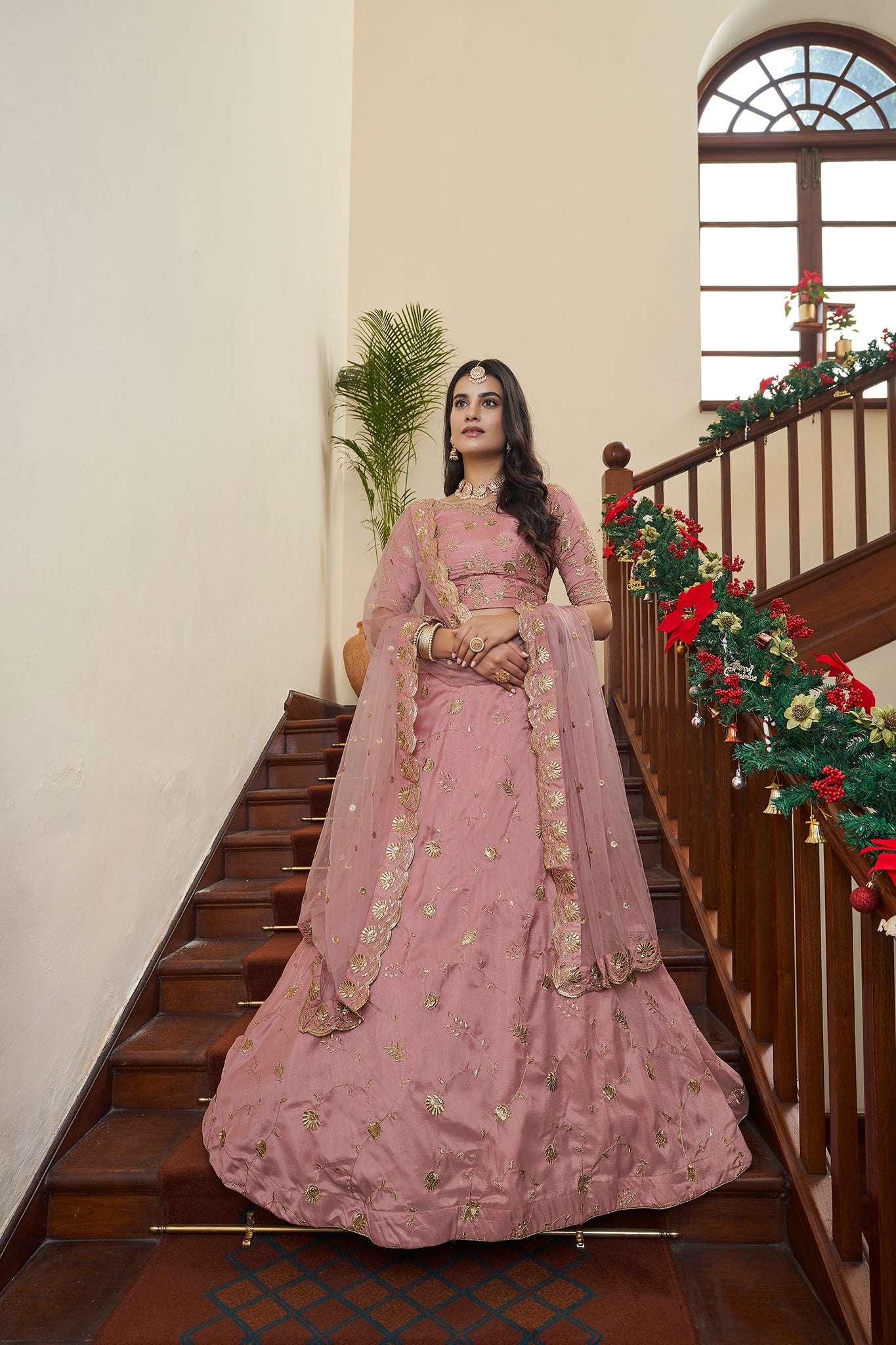 Dusty Pink Art Silk Lehenga Set with Embroidery Work