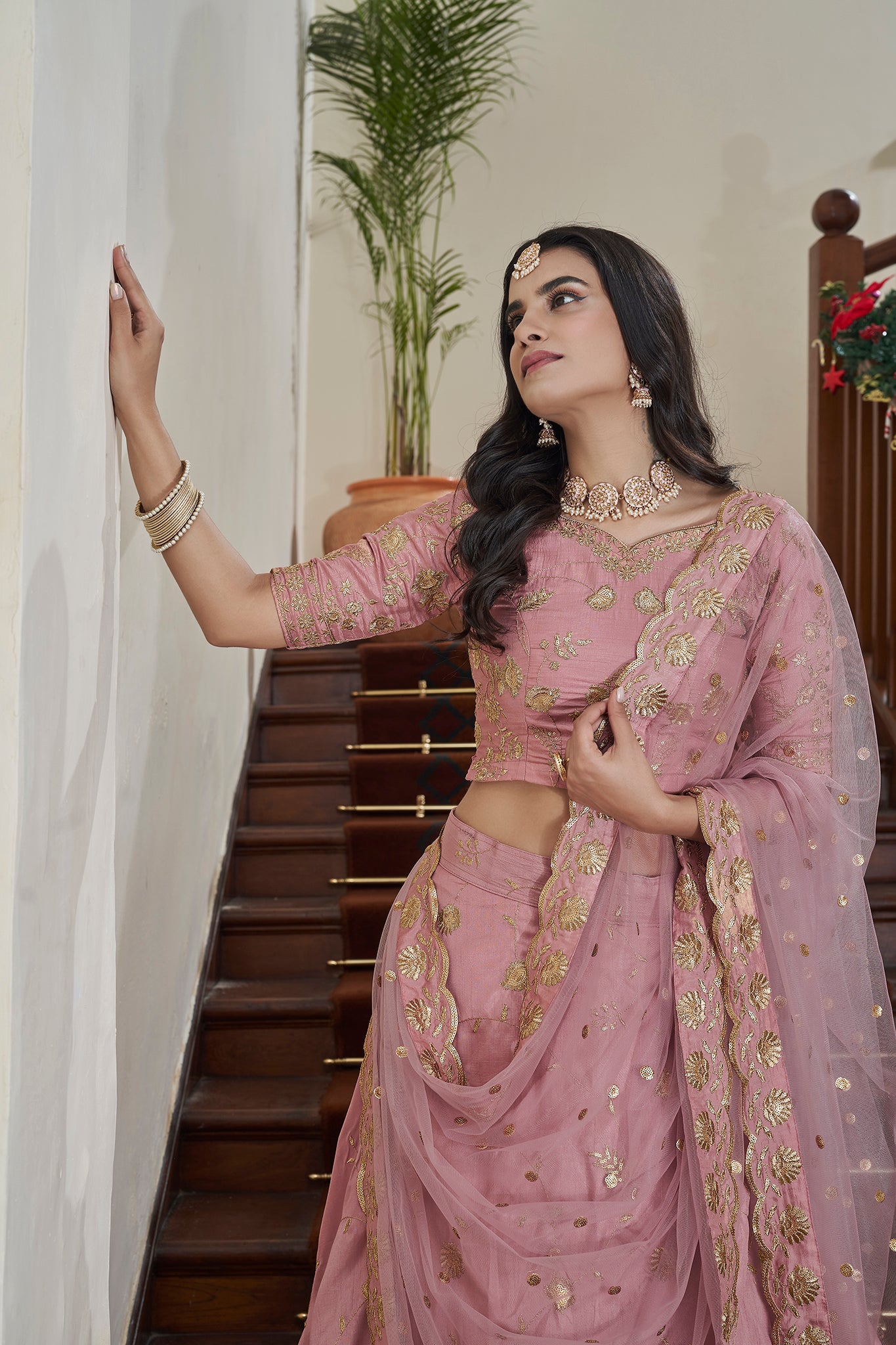 Dusty Pink Art Silk Lehenga Set with Embroidery Work