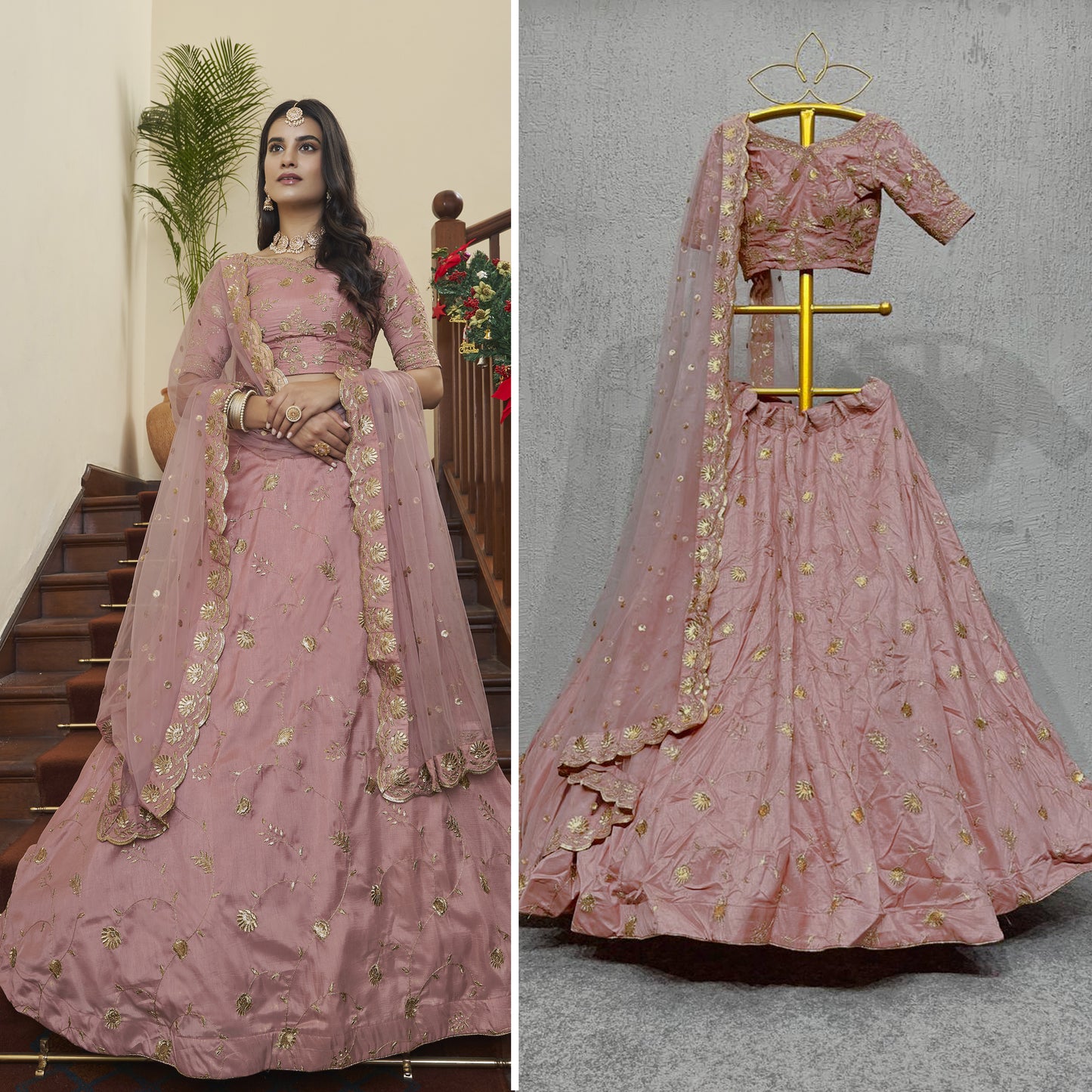 Dusty Pink Art Silk Lehenga Set with Embroidery Work