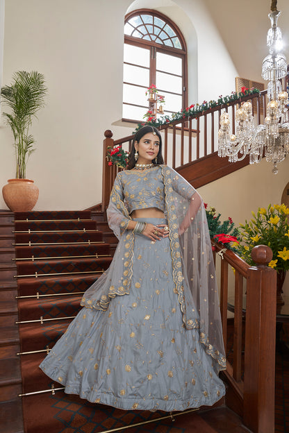 Grey Art Silk Lehenga Set with Embroidery Work