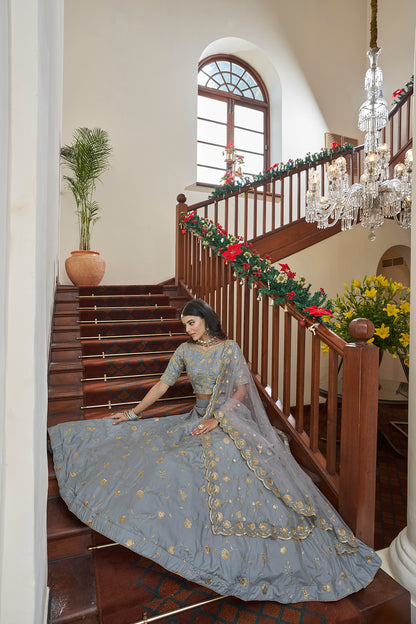 Grey Art Silk Lehenga Set with Embroidery Work