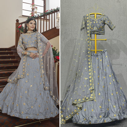 Grey Art Silk Lehenga Set with Embroidery Work