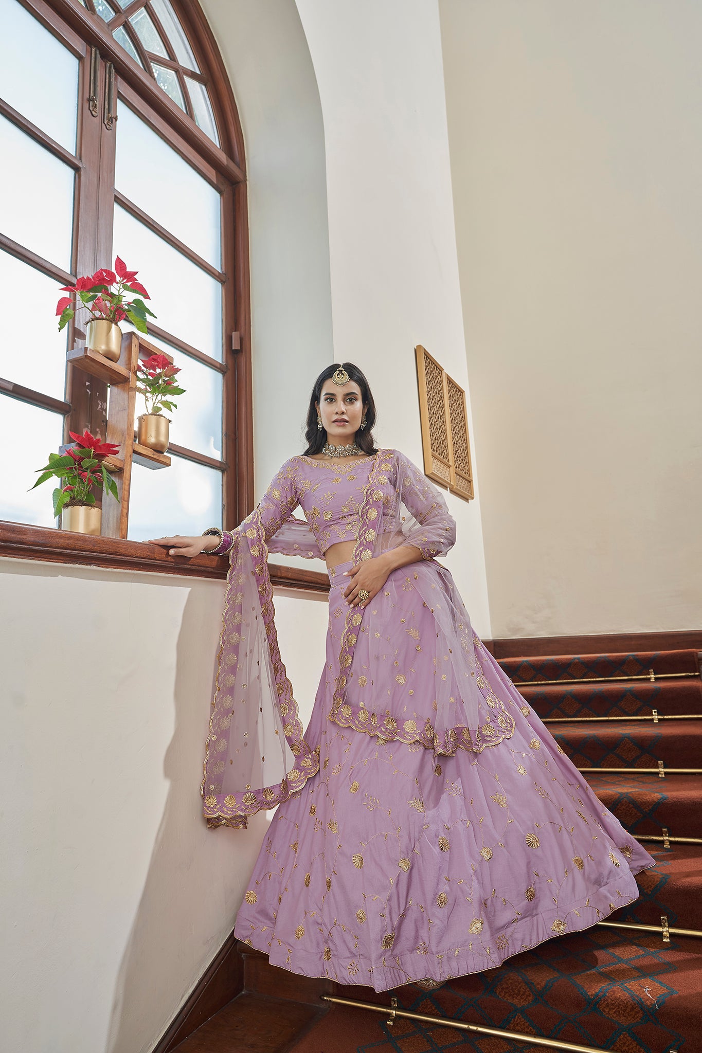 Lilac Art Silk Lehenga Set with Embroidery Work