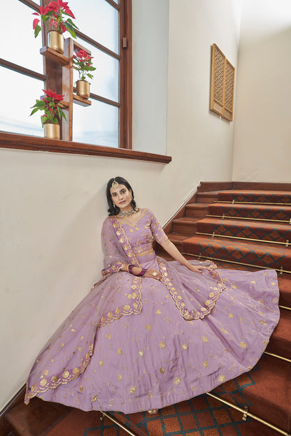 Lilac Art Silk Lehenga Set with Embroidery Work