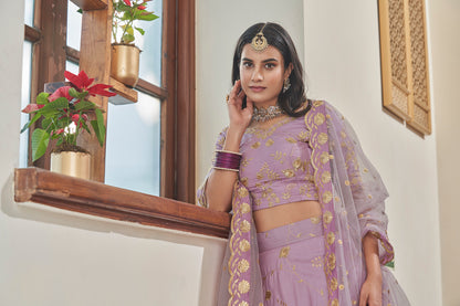 Lilac Art Silk Lehenga Set with Embroidery Work