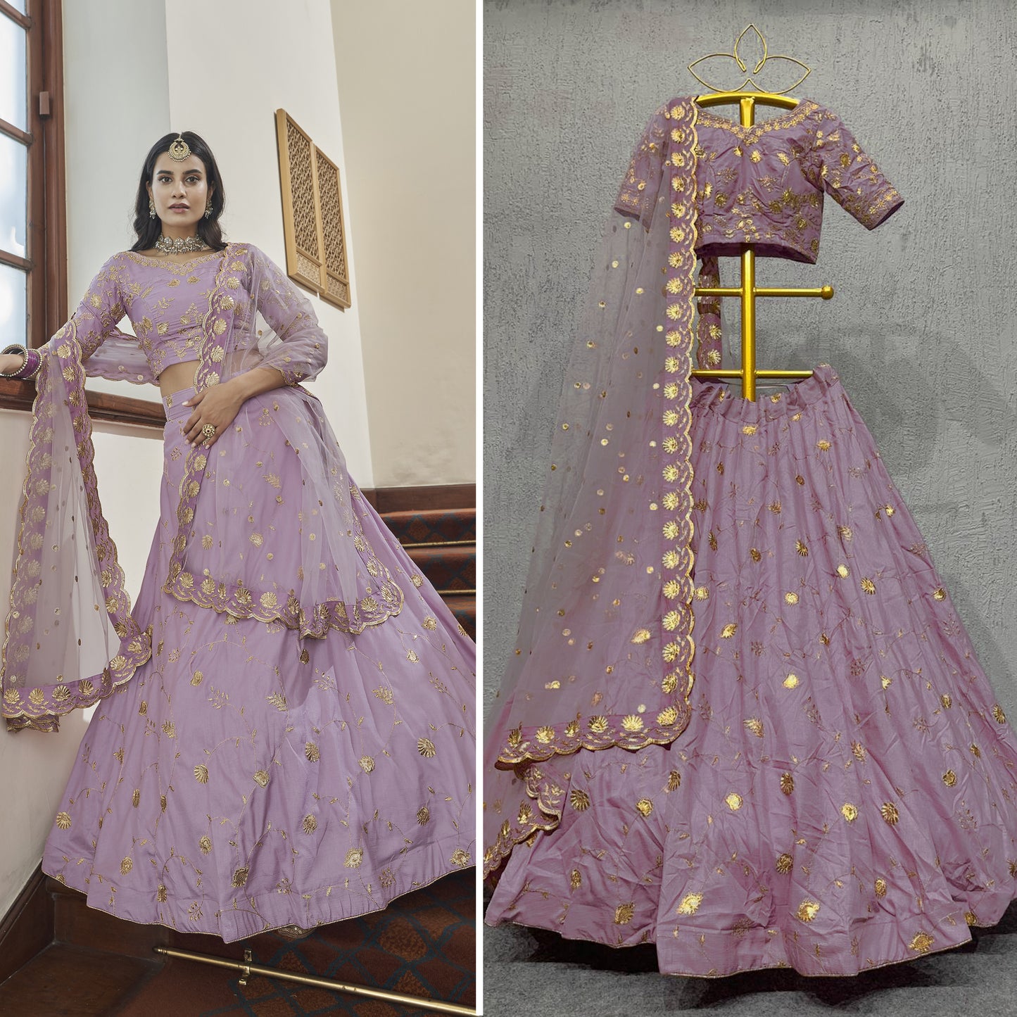 Lilac Art Silk Lehenga Set with Embroidery Work