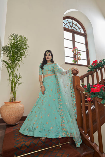 Teal Art Silk Lehenga Set with Embroidery Work