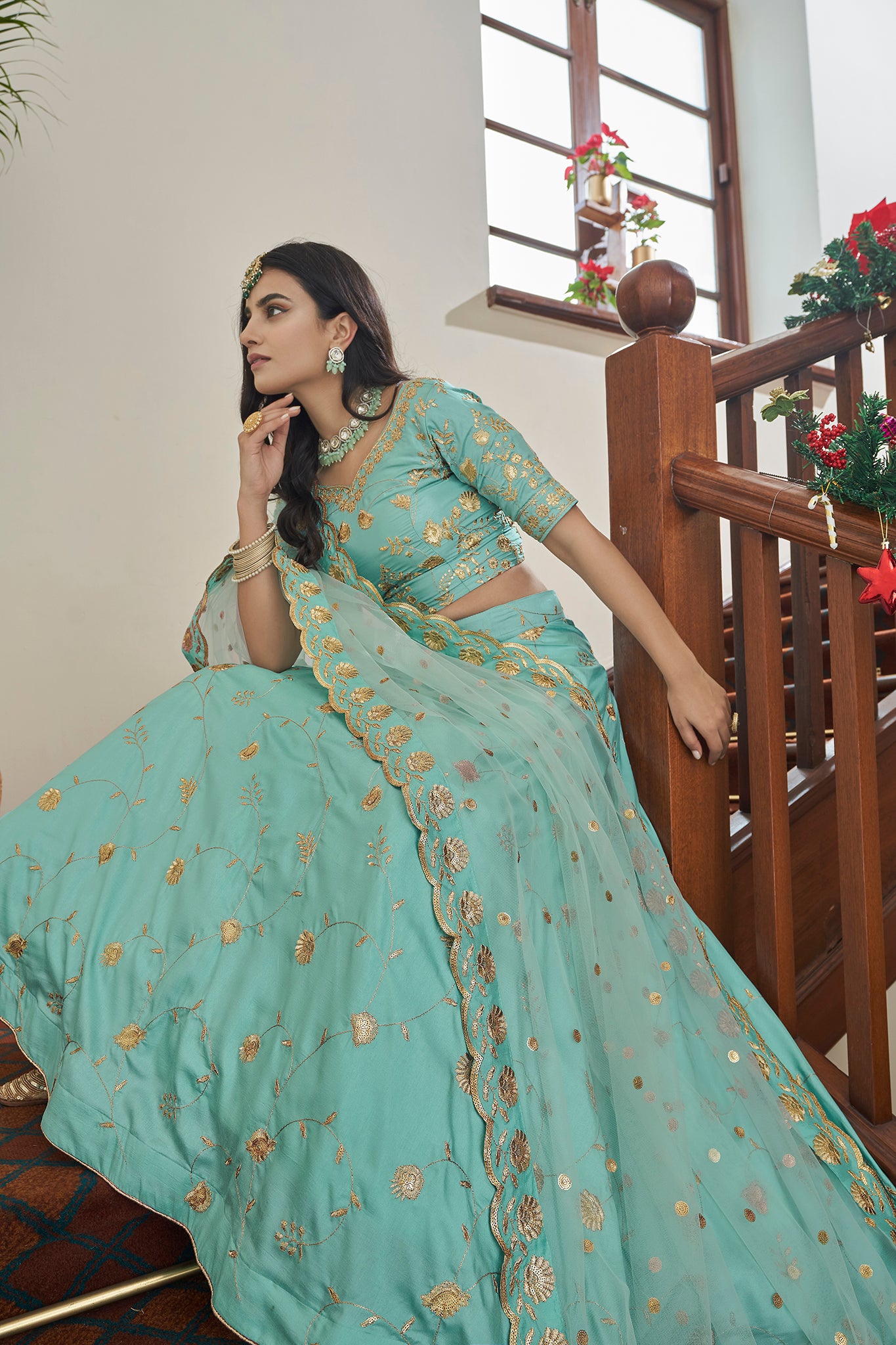 Teal Art Silk Lehenga Set with Embroidery Work