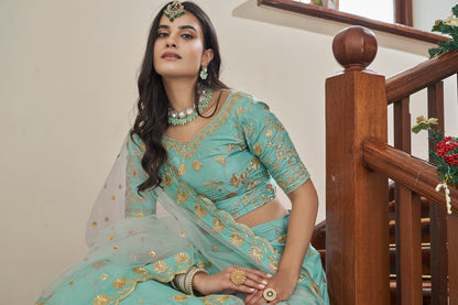 Teal Art Silk Lehenga Set with Embroidery Work