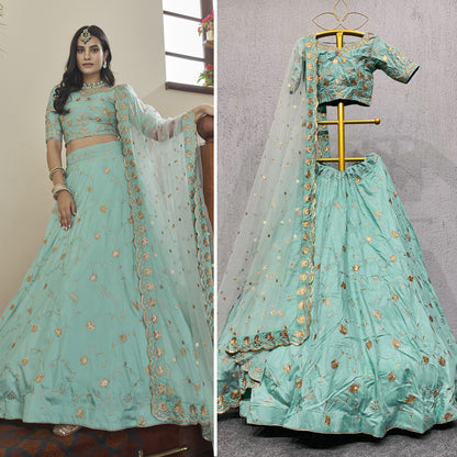 Teal Art Silk Lehenga Set with Embroidery Work