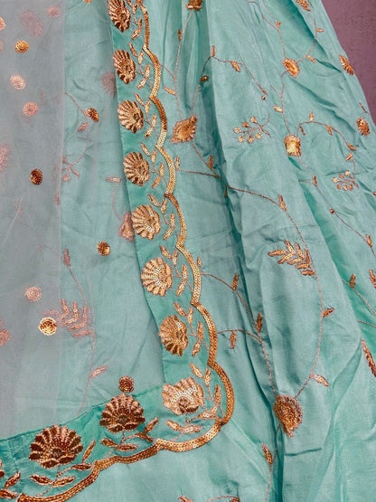 Teal Art Silk Lehenga Set with Embroidery Work