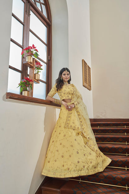 Yellow Art Silk Lehenga Set with Embroidery Work