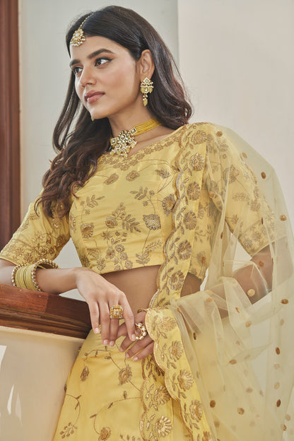 Yellow Art Silk Lehenga Set with Embroidery Work