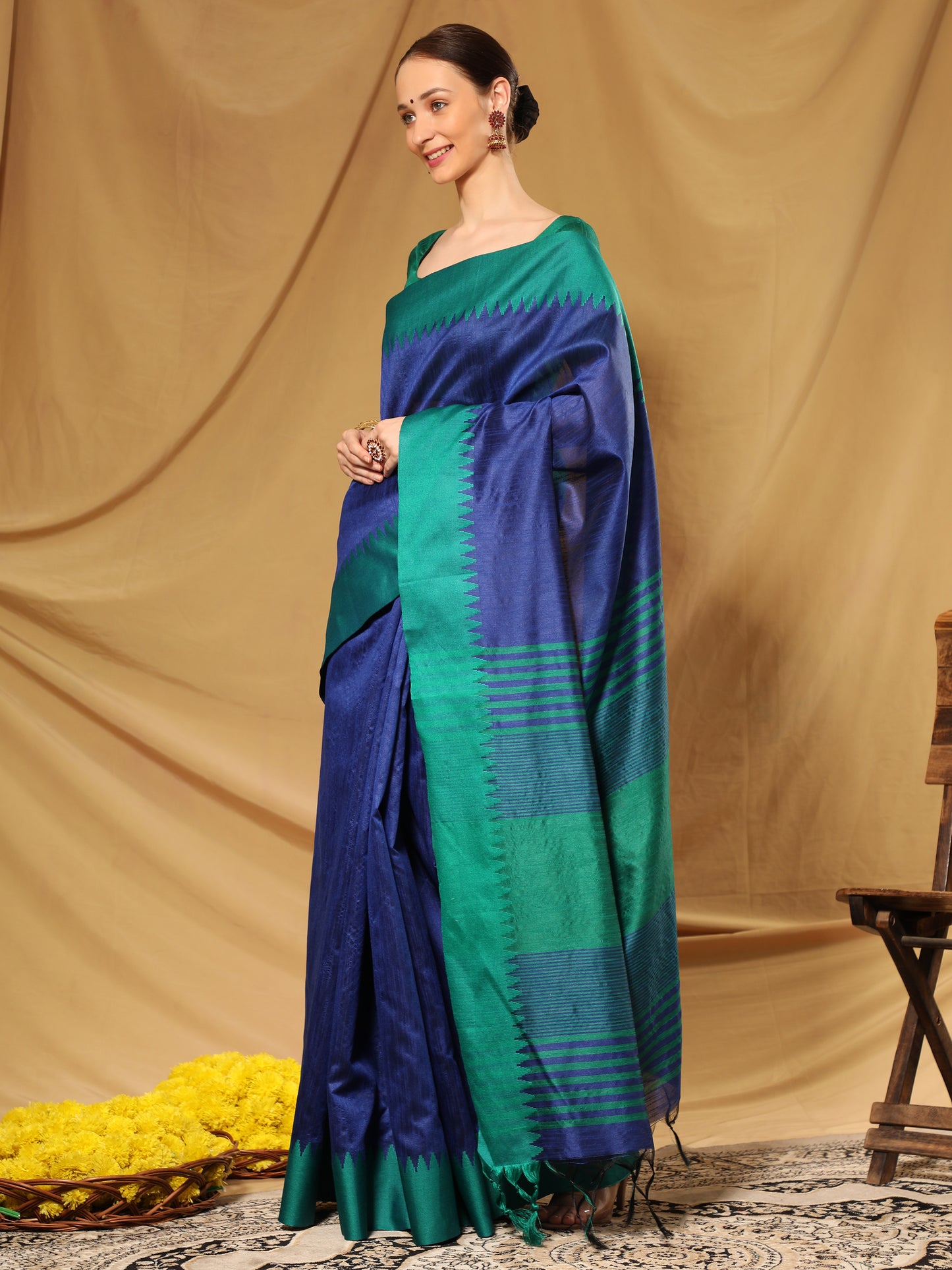 Dark Blue Banglori Silk Saree with Contrast Pallu