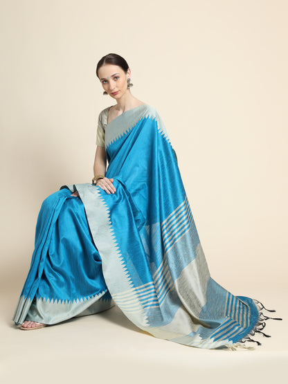 Light Blue Banglori Silk Saree with Contrast Pallu