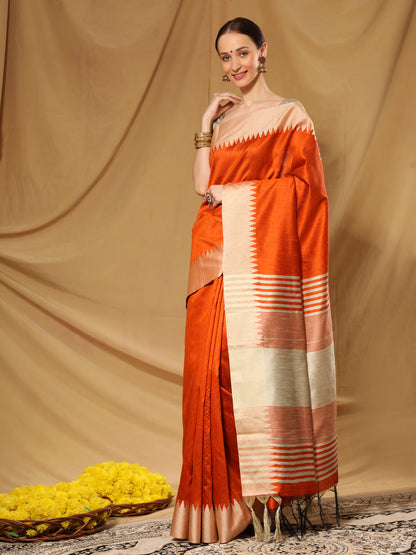 Orange Banglori Silk Saree with Contrast Pallu