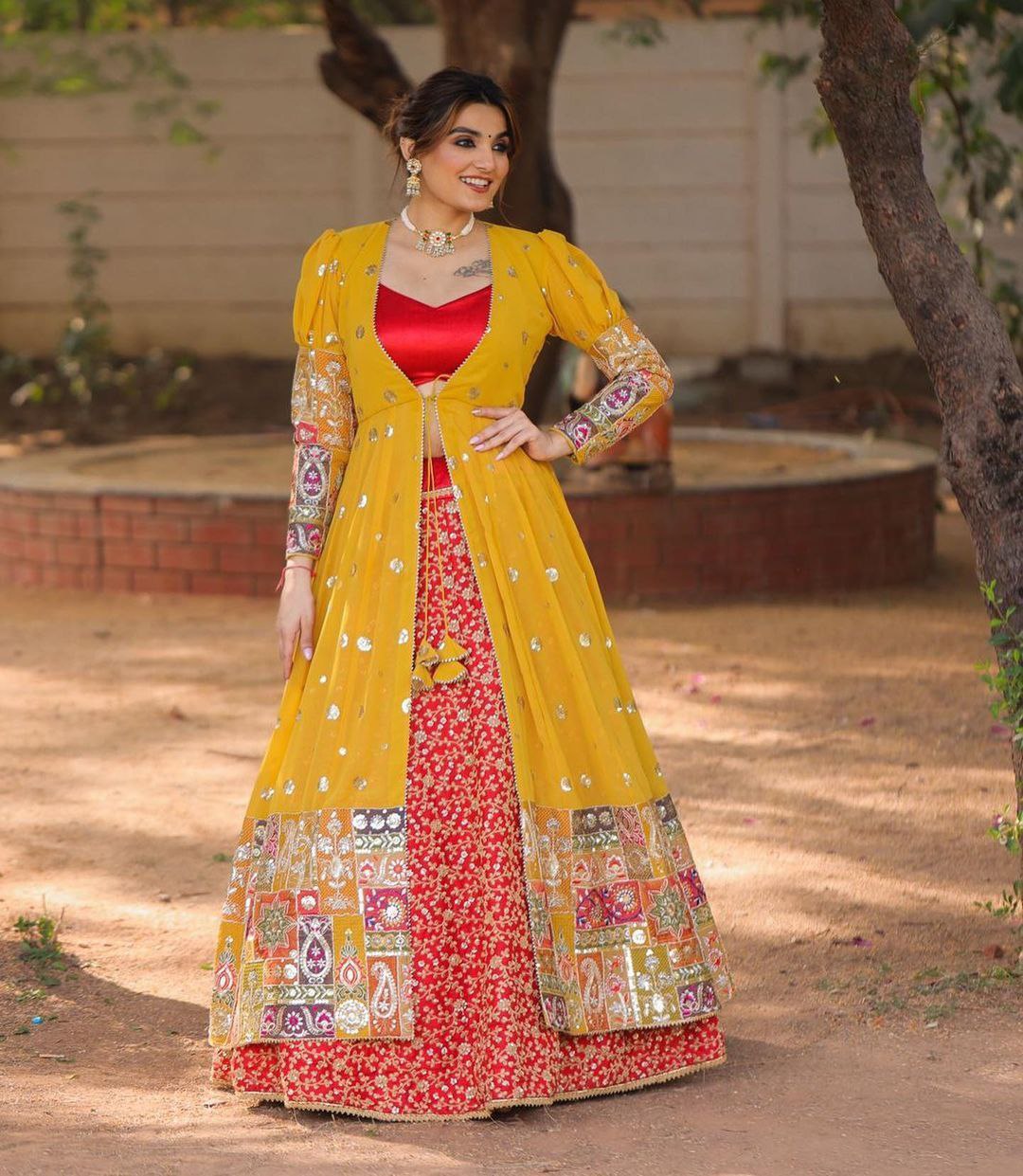 Faux Georgette Lehenga Choli Set with Koti Jacket