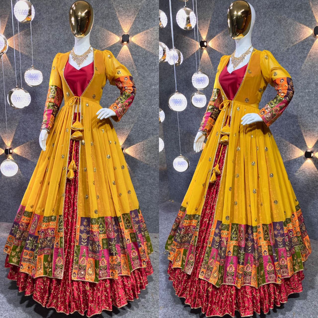 Faux Georgette Lehenga Choli Set with Koti Jacket