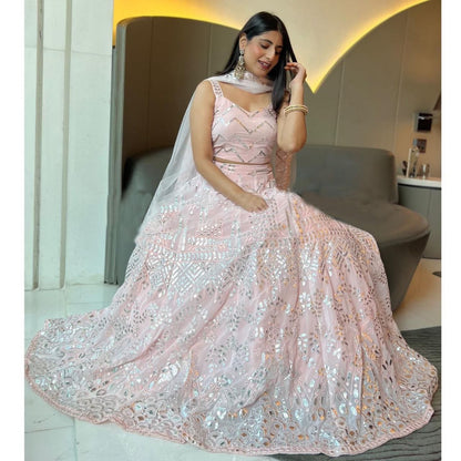 Baby Pink Goergette Lehenga Choli Set with Embroidery and Sequins Work