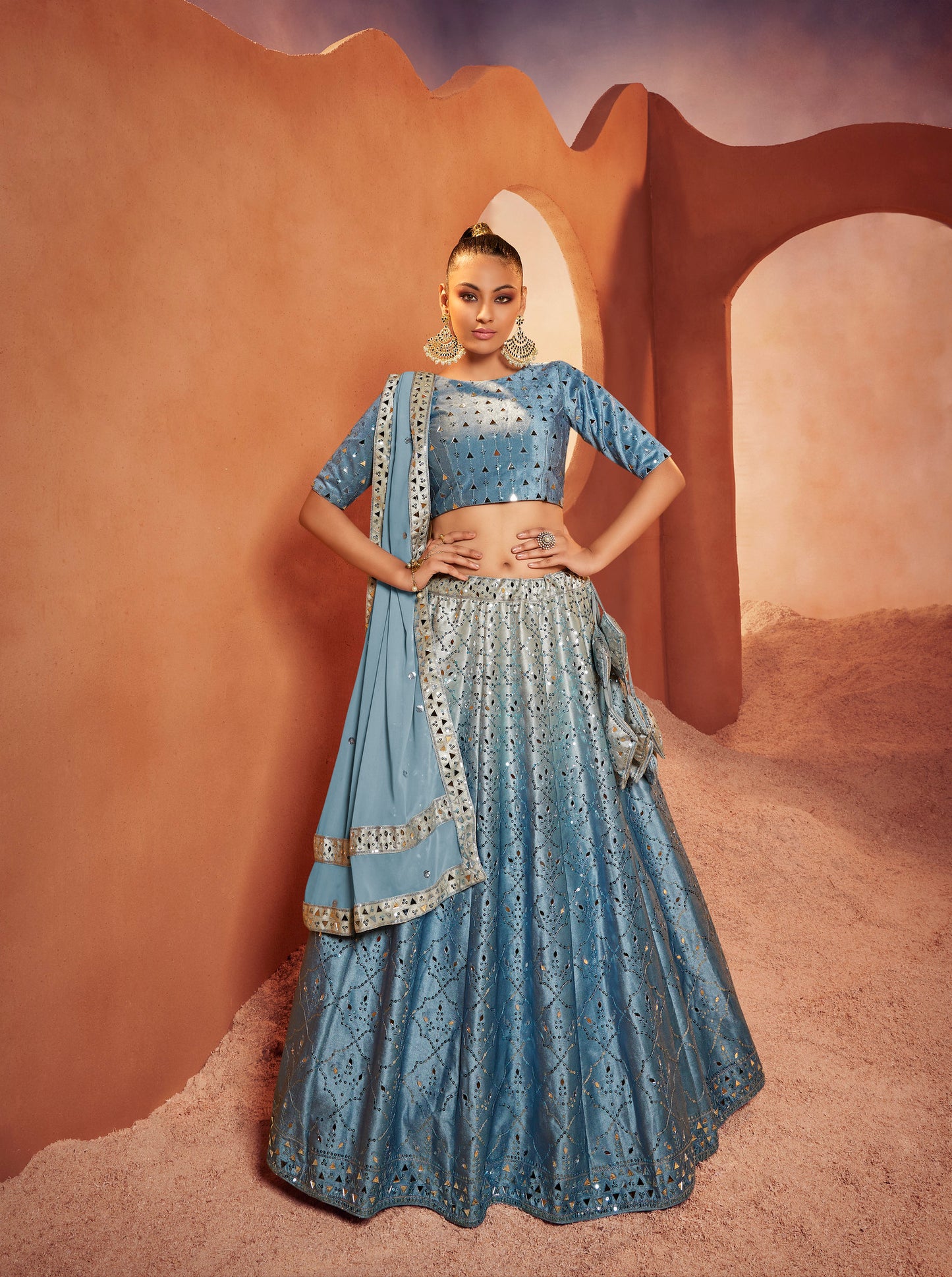 Blue Embroidered Velvet Lehenga Choli Set